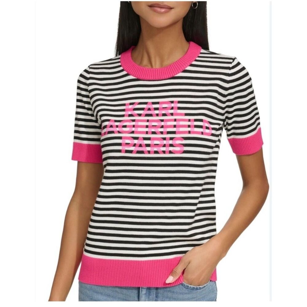 Karl Lagerfeld Paris Striped Short Sleeve Sweater Black White Pink Sz L Designer